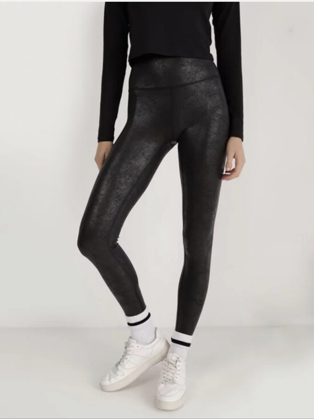 Spanx Black Faux Leather High Waisted Moto Leggings Athletic Sporty Athleisire L
